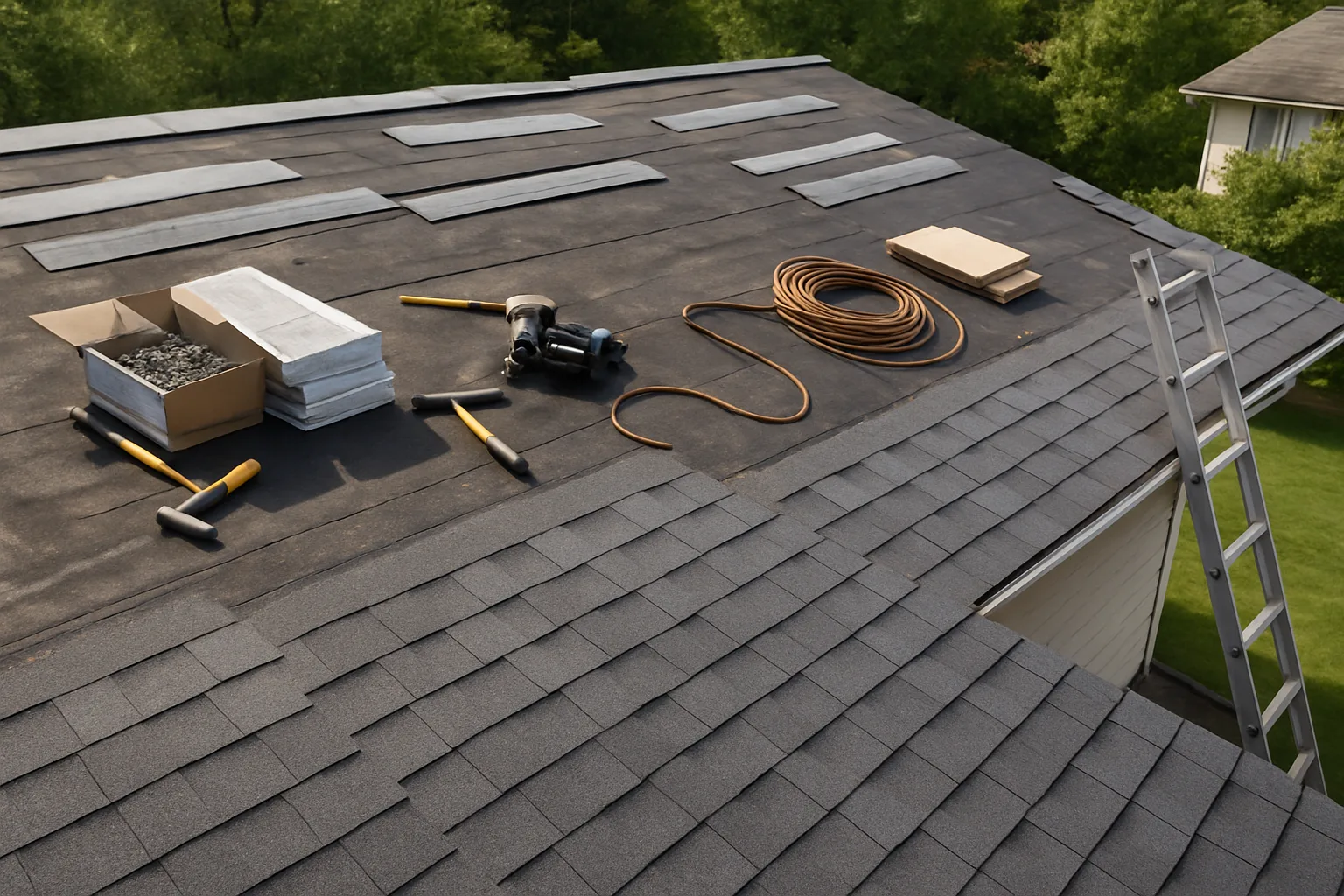 Roof during repair showing new shingles and roofing materials