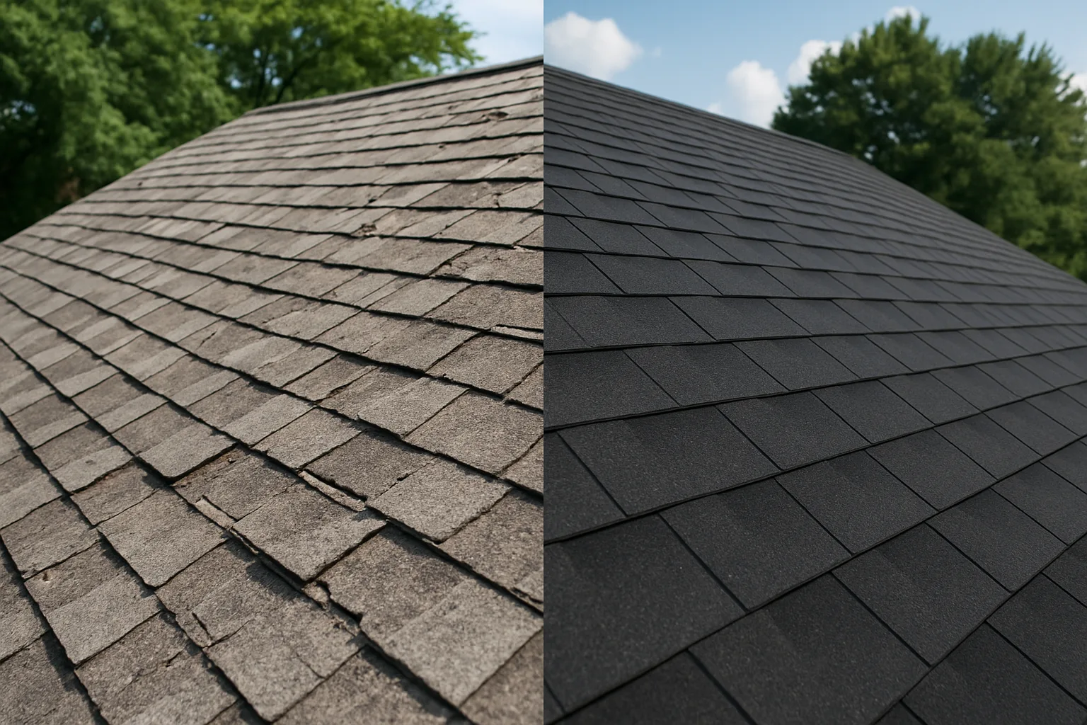 Before-and-after comparison of roof replacement showing old worn shingles and new installed shingles